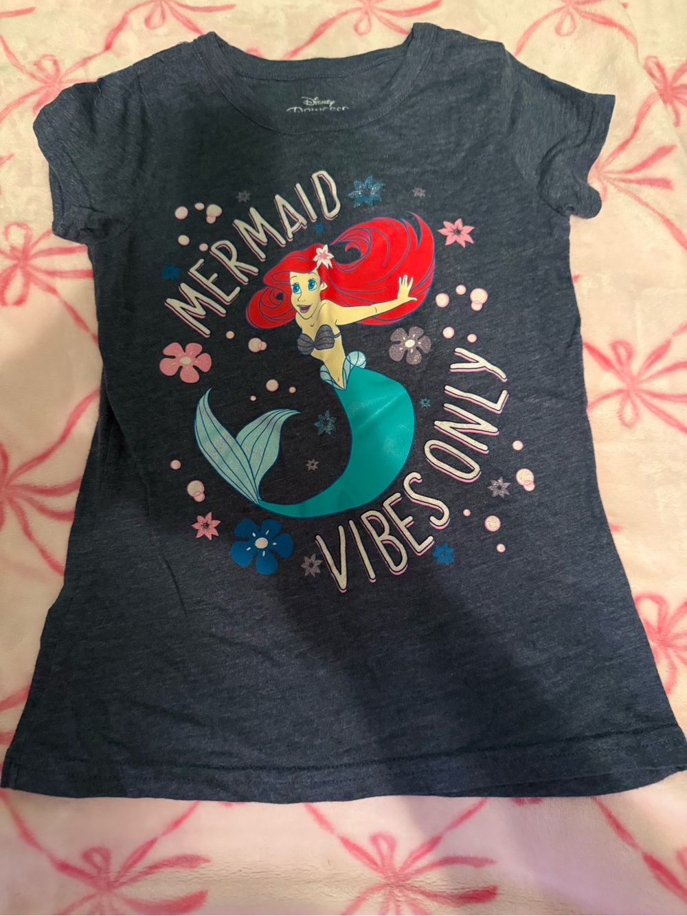 Disney Girls Navy Ariel Mermaid Vibes Tee with Teal Tail and Red Hair